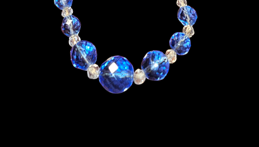 16" Clear and Blue Glass faceted necklace